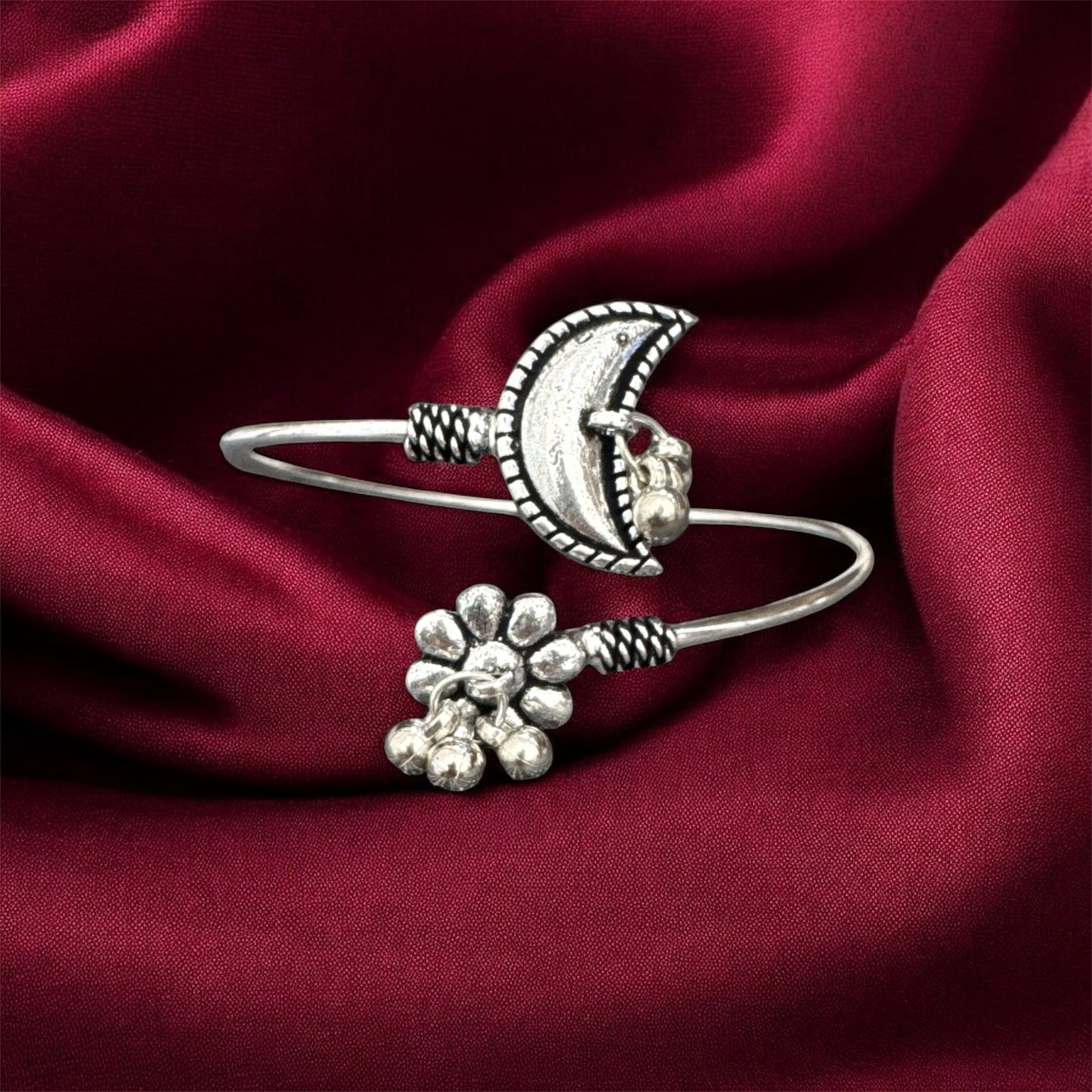Bohemian Moon & Flower Handcuff Bracelet - Oxidised Silver Beaded Charm Cuff