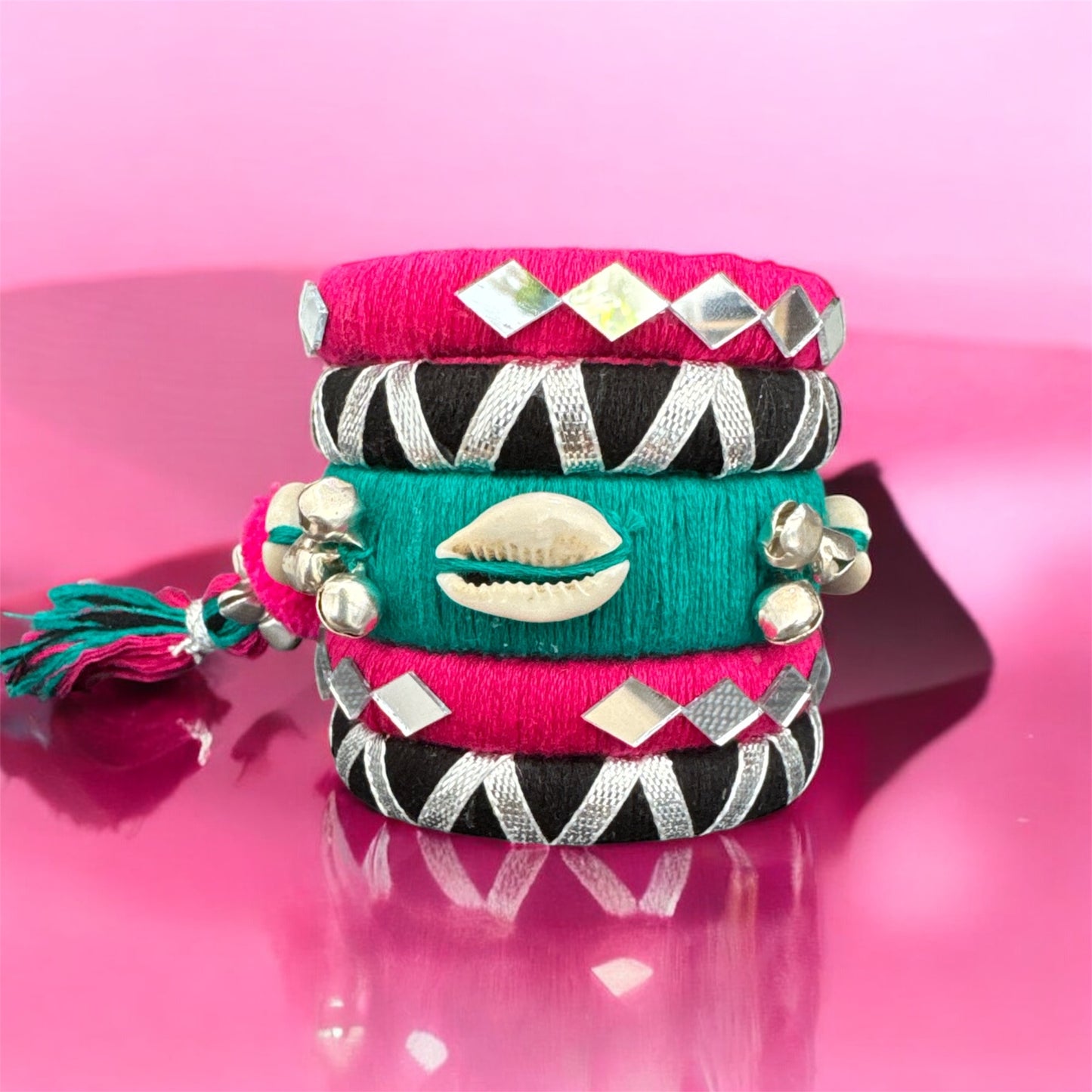 Boho Chic Bangles & Earrings Set – Handmade with Shell & Pompom Details