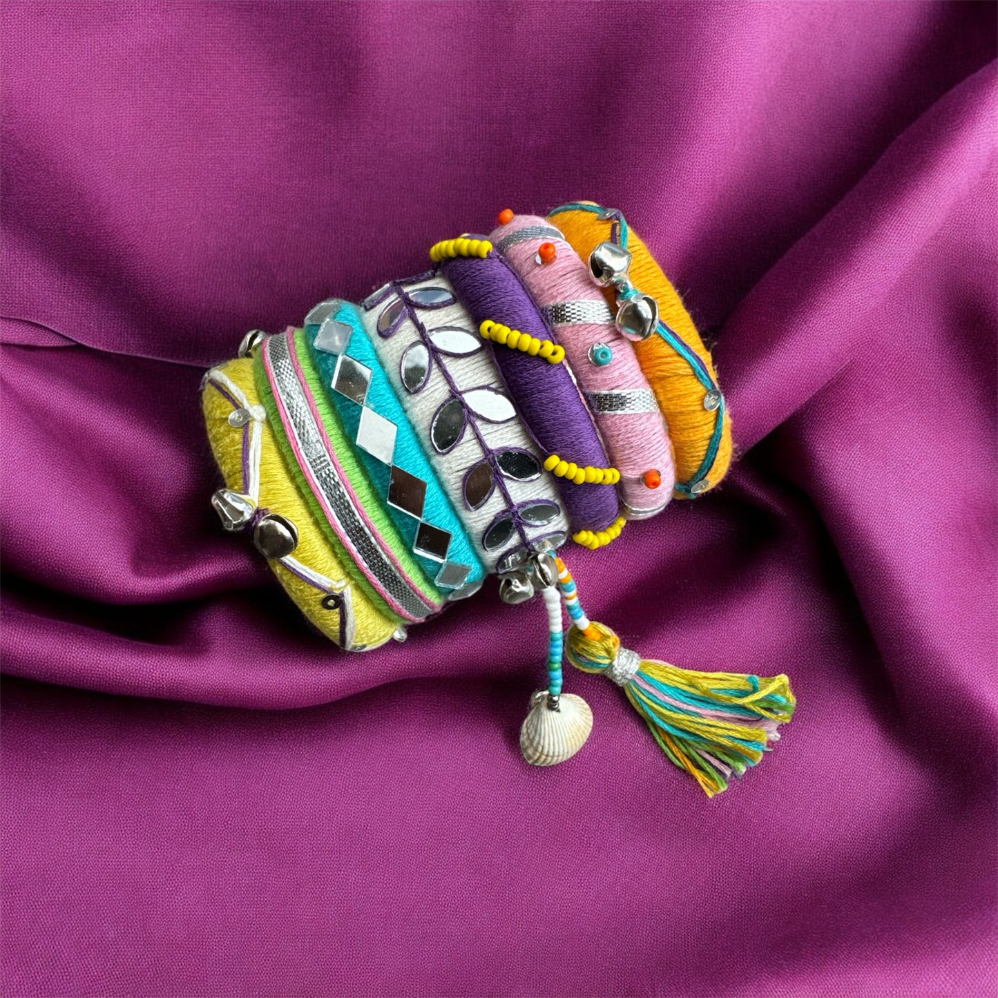 Handmade Boho Kundan Bangles – Multicolor Shell & Gemstone Bracelet Stack
