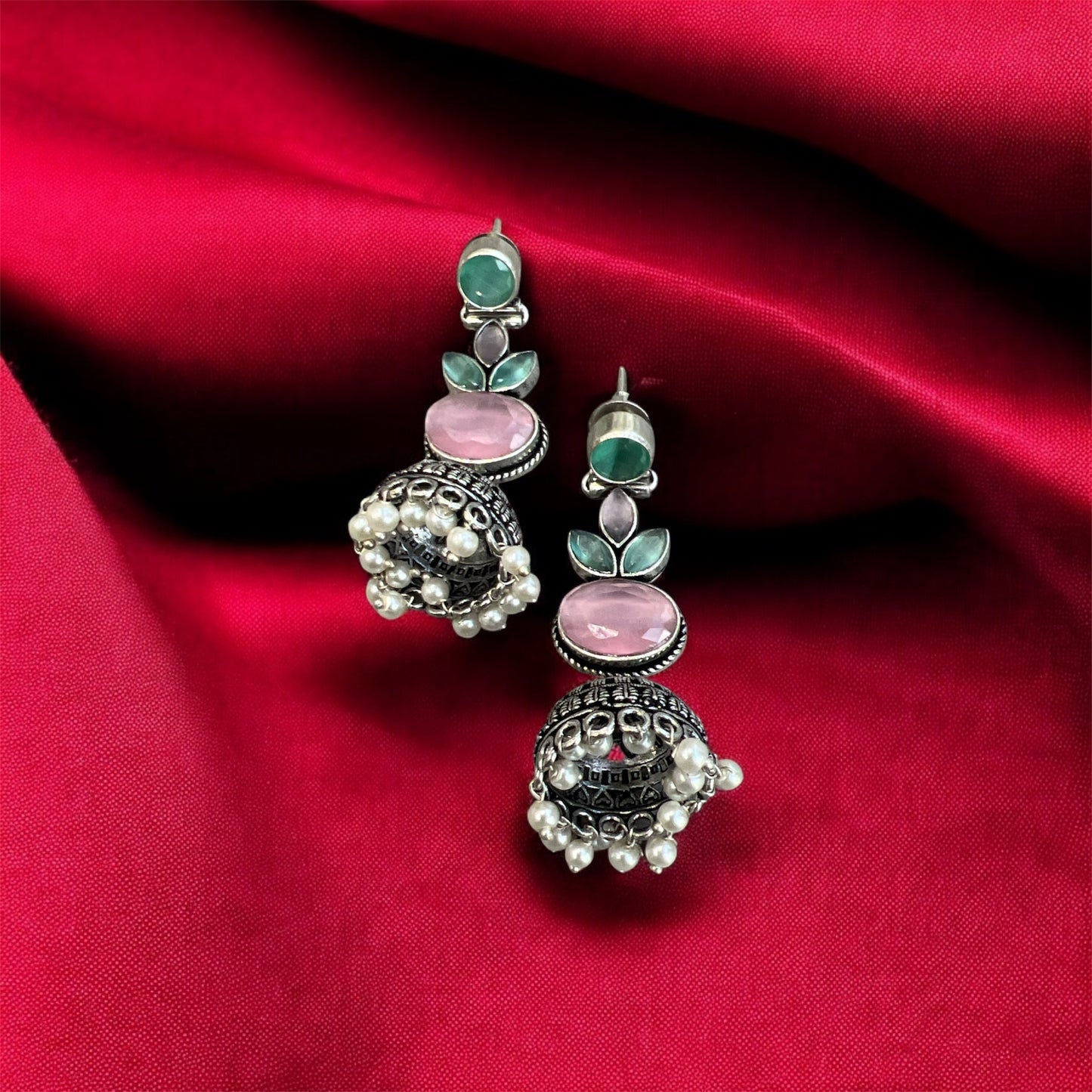 Oxidized Stone & White Pearl Jhumka Earrings