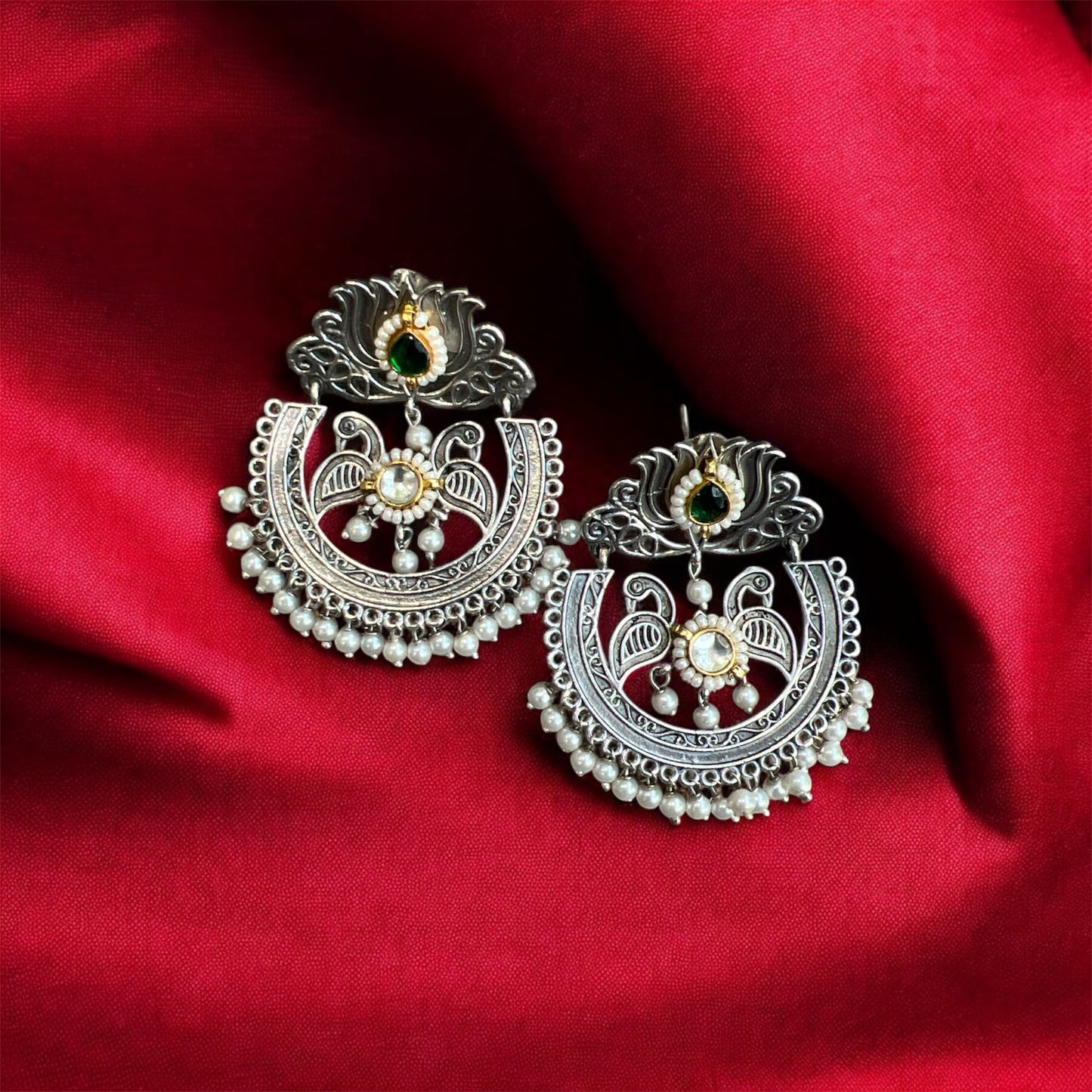Royal Kundan Peacock & Lotus Earrings – Oxidised Silver with Pearls & Beads