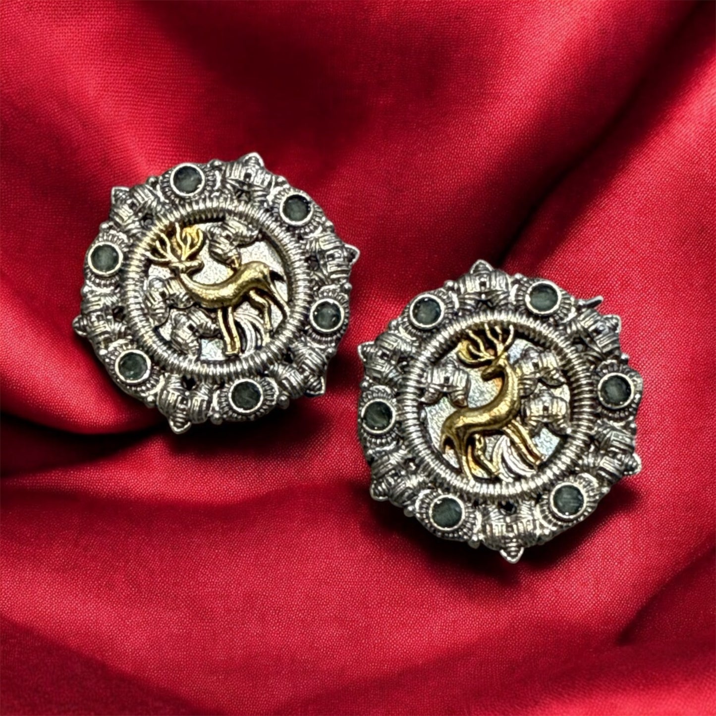 Oxidized Stone Stud Earrings with Golden Deer – Traditional Indian Studs