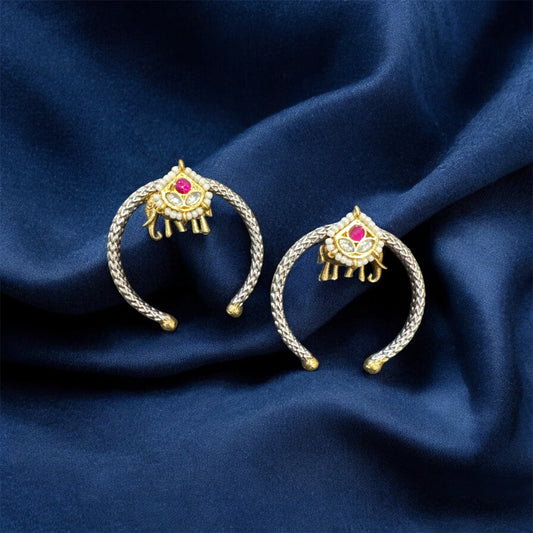 Unique Dual-Tone Half Moon & Elephant Kundan Stud Earrings – Navratri Special Statement Jewelry
