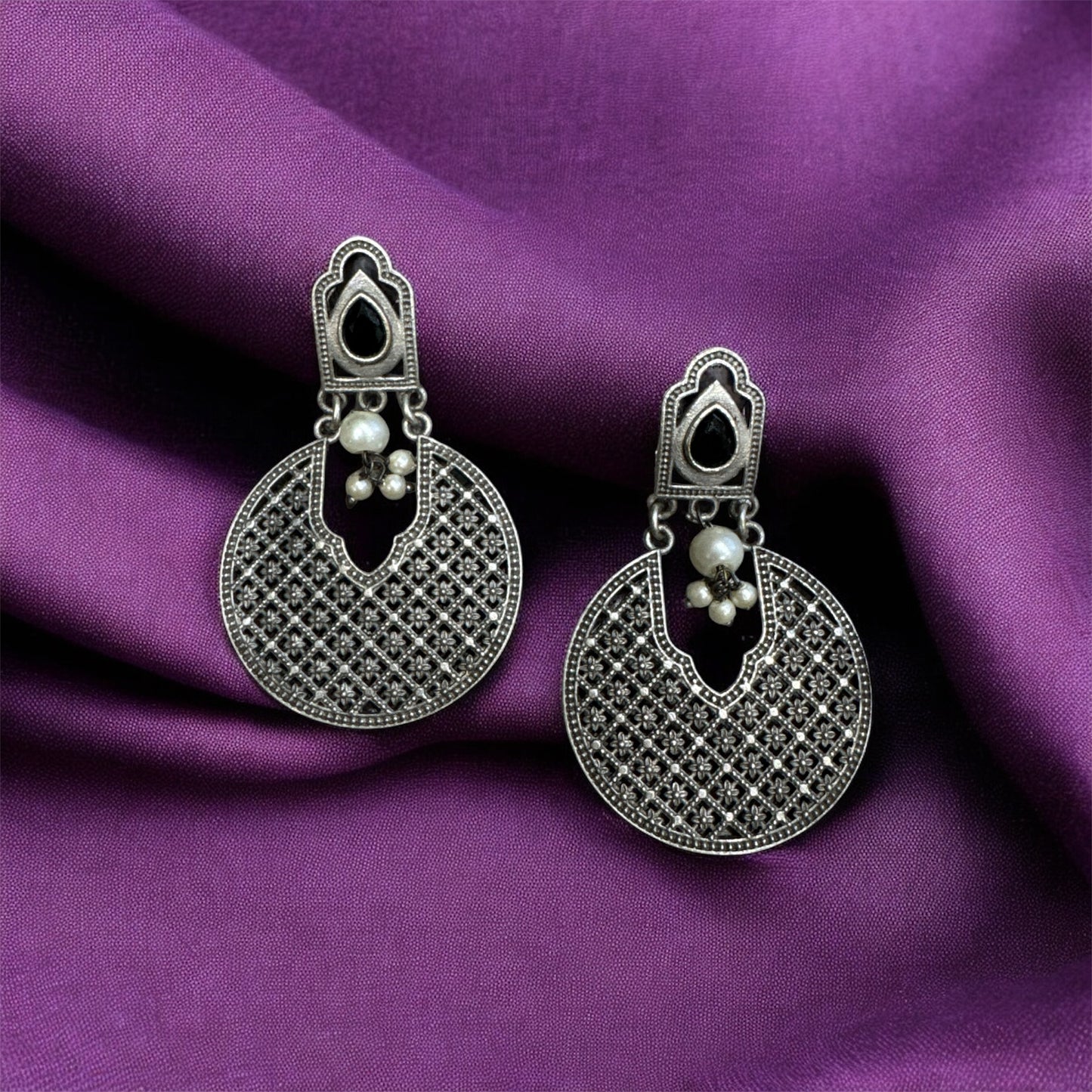 Oxidized Round Flower Jhumka Earrings with Center Stone – Navratri Special Ethnic Jewelry