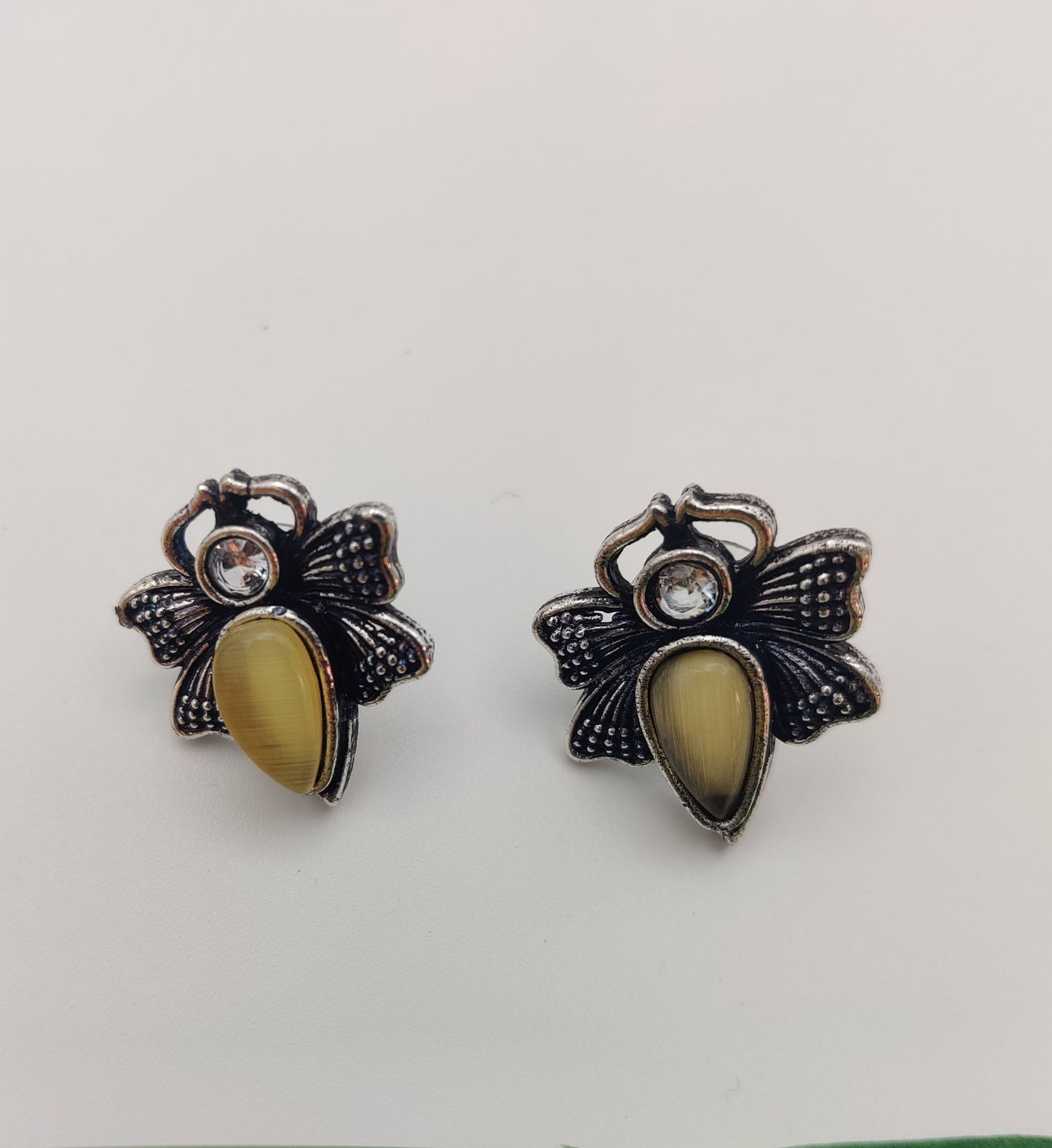 Butterfly Shaped Oxidised Earrings with Coloured Stones