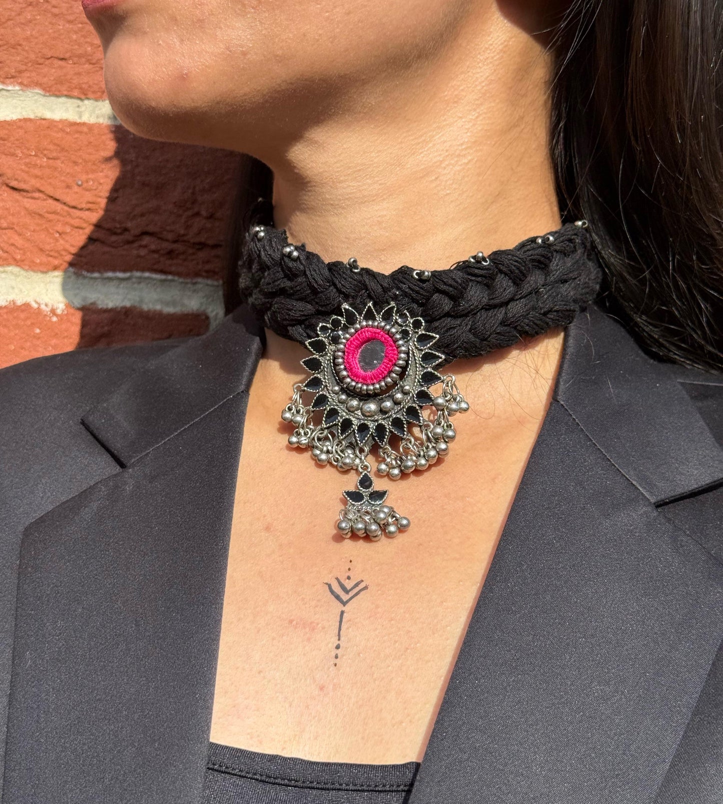 Boho Black Thread Work Necklace | Oxidised Silver & Patch Embellished | Navratri 2025 Statement Piece