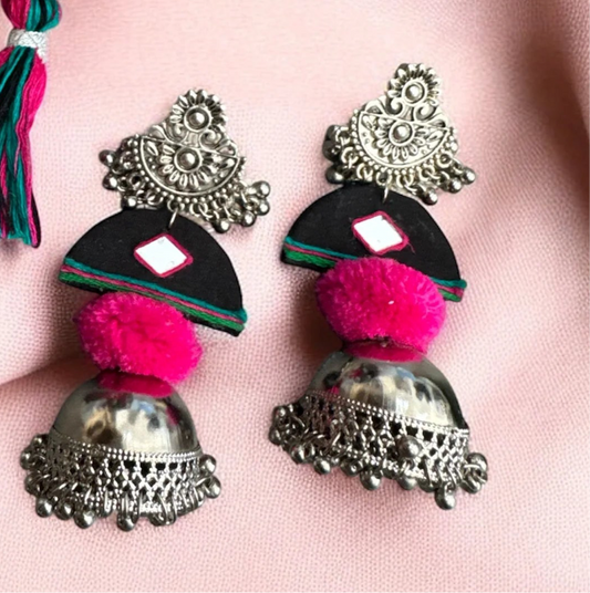 Boho Navratri 2025 Pom Pom Earrings Handmade Oxidized Silver Statement Jewelry
