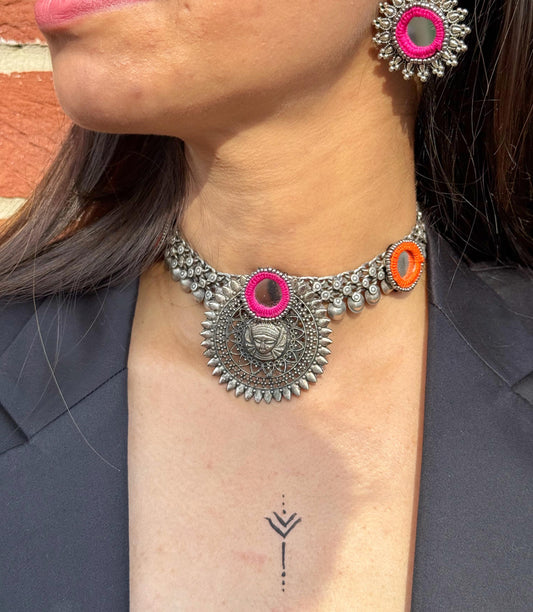 Boho Mirror Work Necklace | Oxidised Silver & Thread Embellished | Navratri 2025 Special