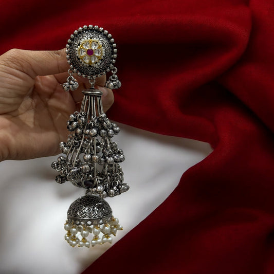 Bohemian Oxidised Earrings with Dangling Jhumkas with White Kundan