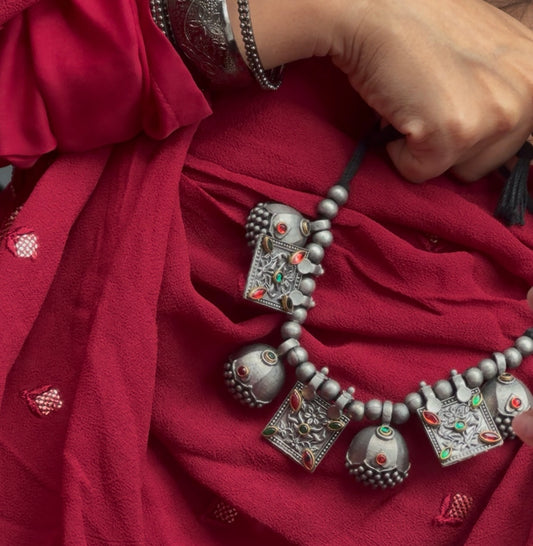 Oxidized Silver Choker Set with Red & Green Stones