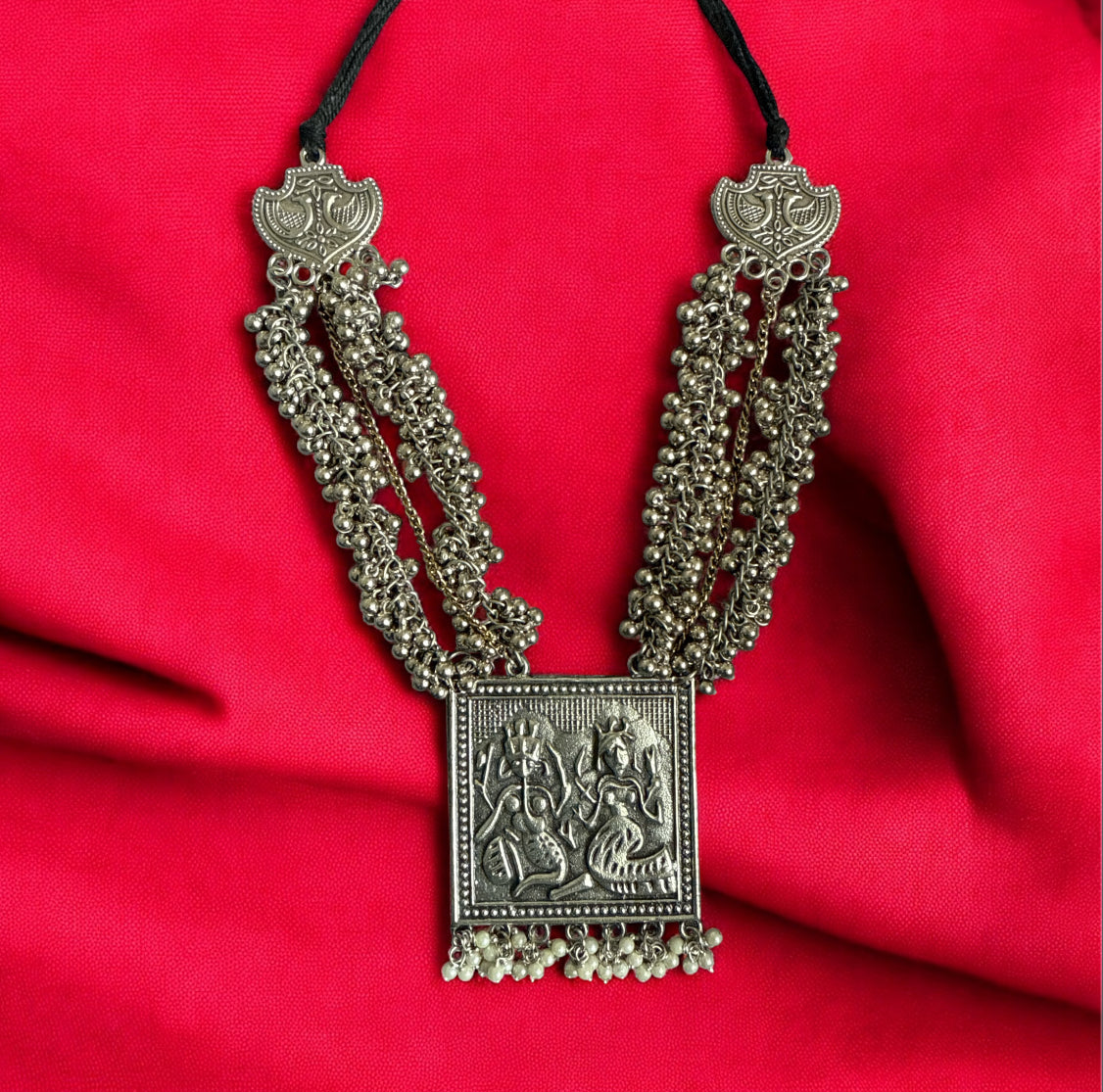 Antique Silver-Toned Temple Necklace with Ghungroo and Pearl Detailing