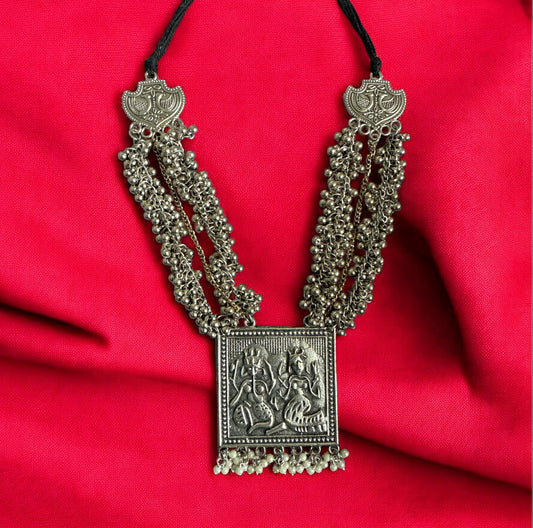 Antique Silver-Toned Temple Necklace with Ghungroo and Pearl Detailing