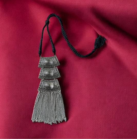 Handcrafted Oxidized Silver Necklace with Geometric Motifs & Chain Tassels