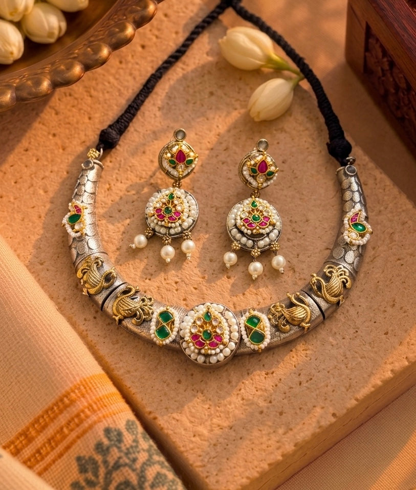Dual Tone “राजवाड़ा “ German Silver Pink & Green Pachi Kundan Peacock Hasli Necklace