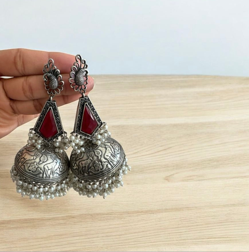 German Silver Jhumkas with pearl detailing | Navratri 2025