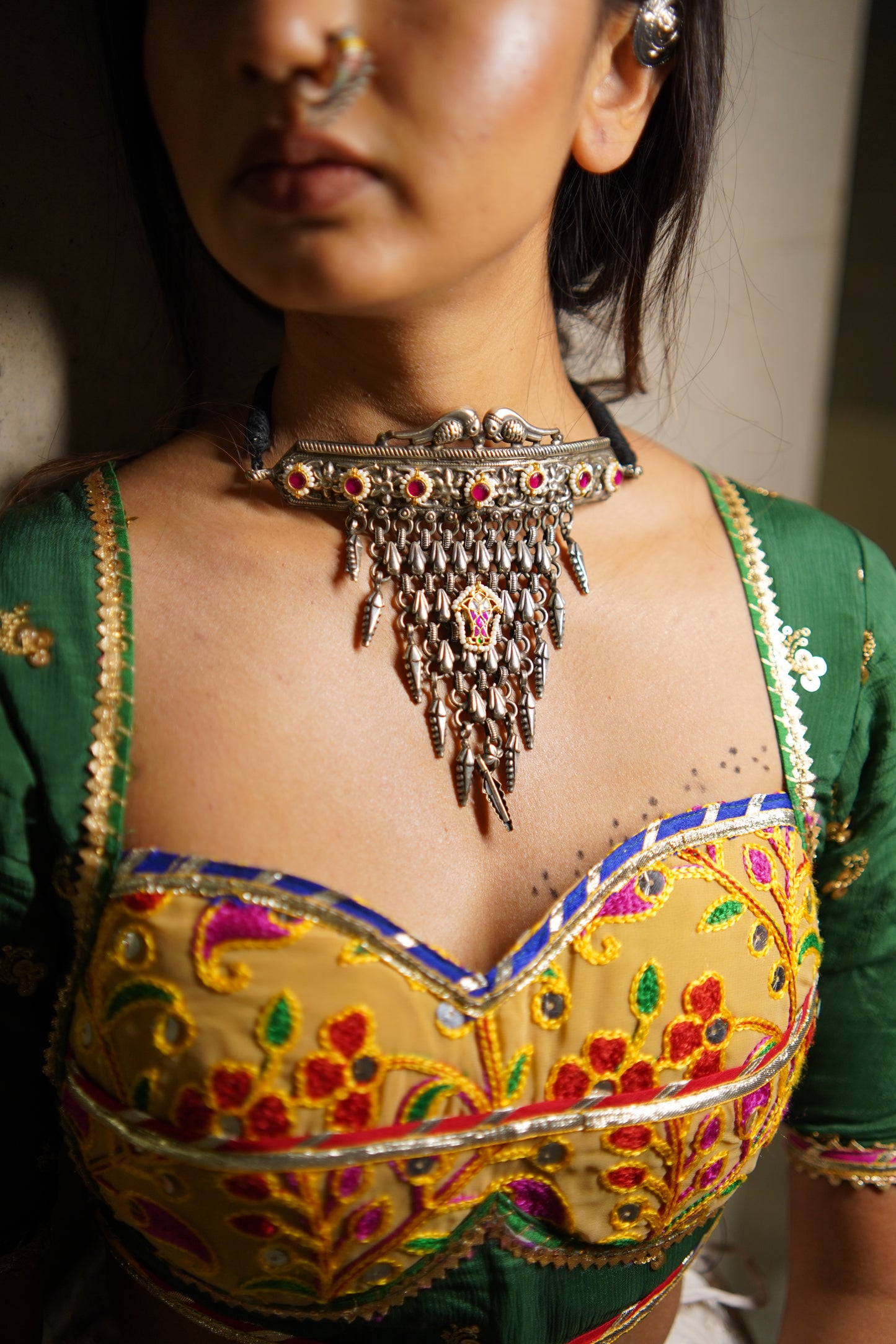 Oxidized German Silver Brass Peacock Choker Necklace with Kundan and Ruby Accents