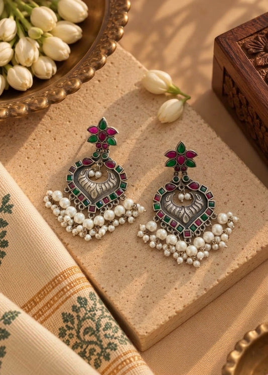 German Silver Pink & Green Flower Chandbali Pearl Earrings