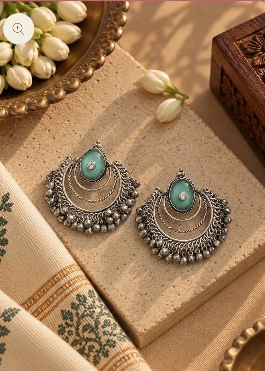 German Silver Cyan Stone & Diamond Ghungoor Chandbali