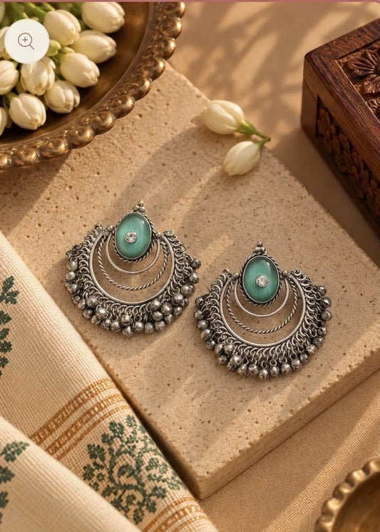 German Silver Cyan Stone & Diamond Ghungoor Chandbali