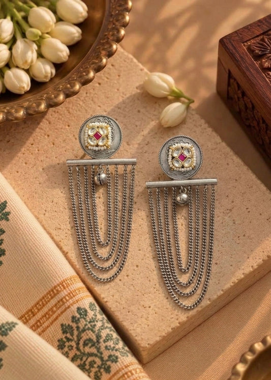 Pink & White Kundan Chain Hanging Earrings