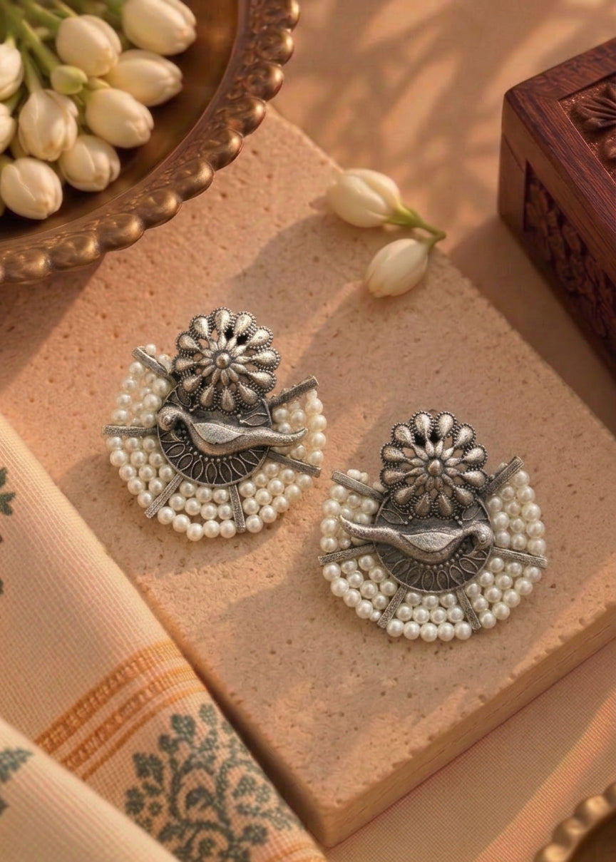 German Silver Bird & Pearl Earrings
