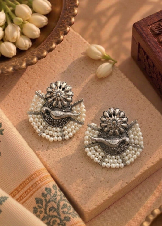 German Silver Bird & Pearl Earrings