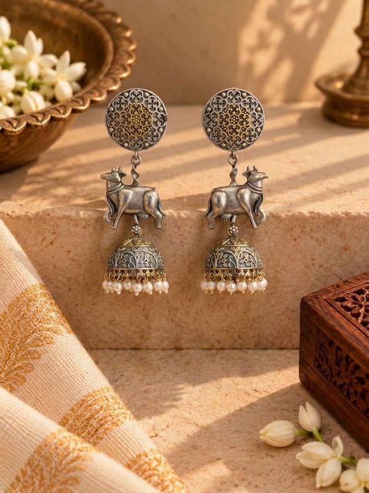 Dual Tone German Silver Nandi Jhumkas
