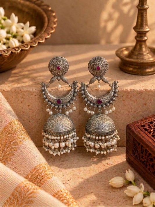 German Silver Pink & Pearl Jhumkas