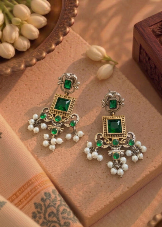 Dual Tone Green Stone & Pearl Earrings