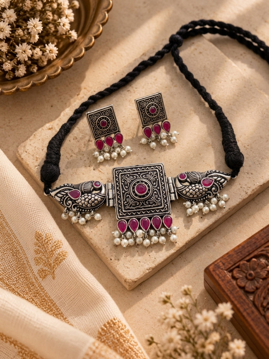 Oxidised Ruby Pink Peacock & Pearl Choker Necklace