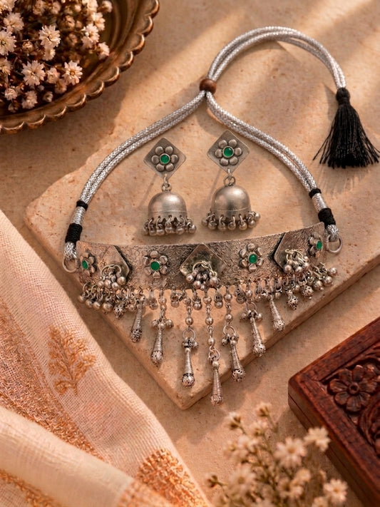 German Silver Green Ghungoor Hasli with Jhumkas
