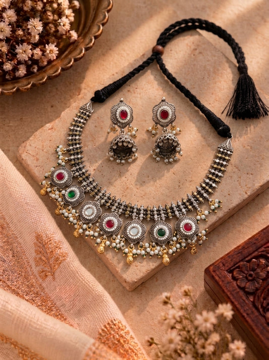 Dual Tone German Silver Fusion Pachi Kundan Necklace with Jhumkas