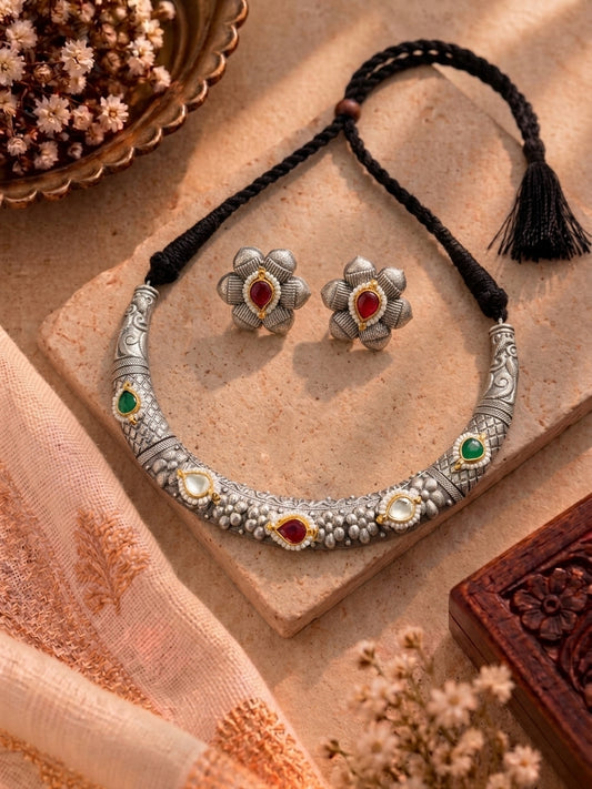 German Silver Kundan Hasli Necklace