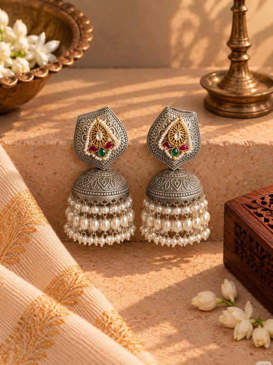 German Silver Pink & Green Pachi Kundan With Pearl Big Jhumkas