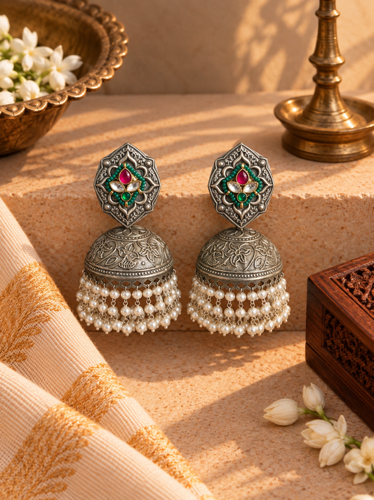 German Silver Blue & Pink Pachi Kundan Pearl Big Jhumkas
