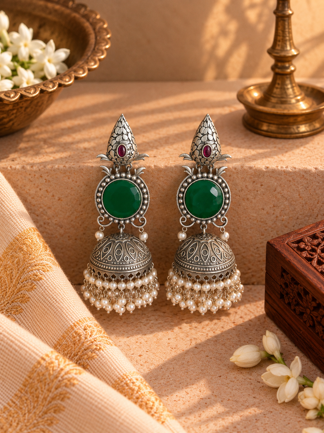German Silver Green & Pink Stone and Pearl Jhumka Earrings