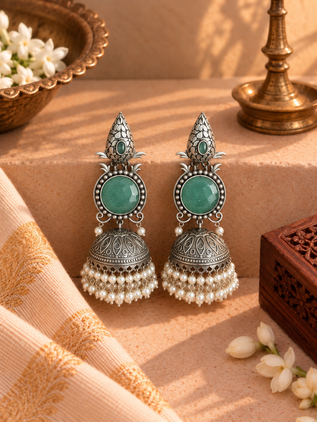 German Silver Blue Stone & Pearl Jhumka Earrings