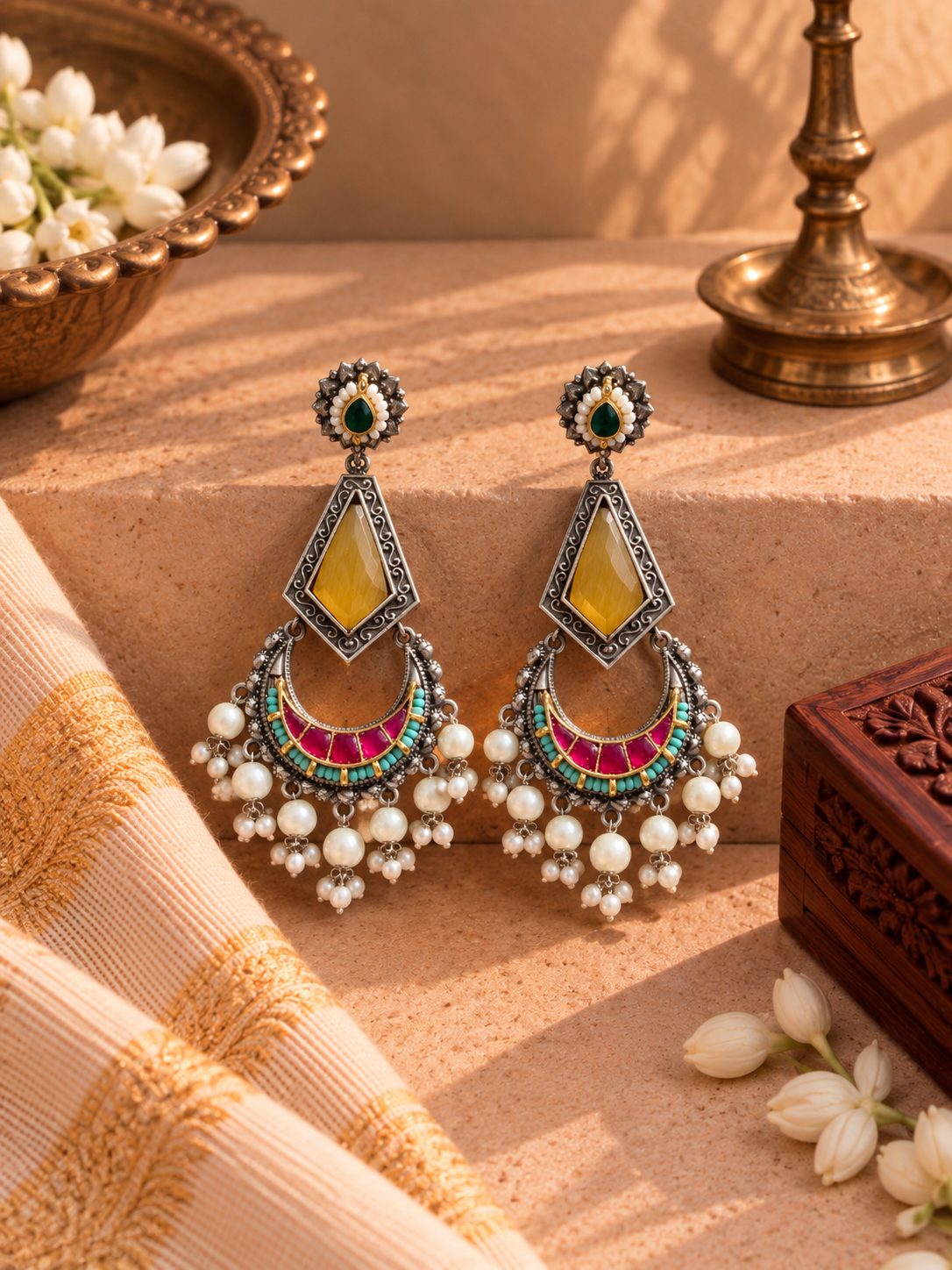 German Silver Yellow & Pink Kundan Pearl Chandbali Earrings