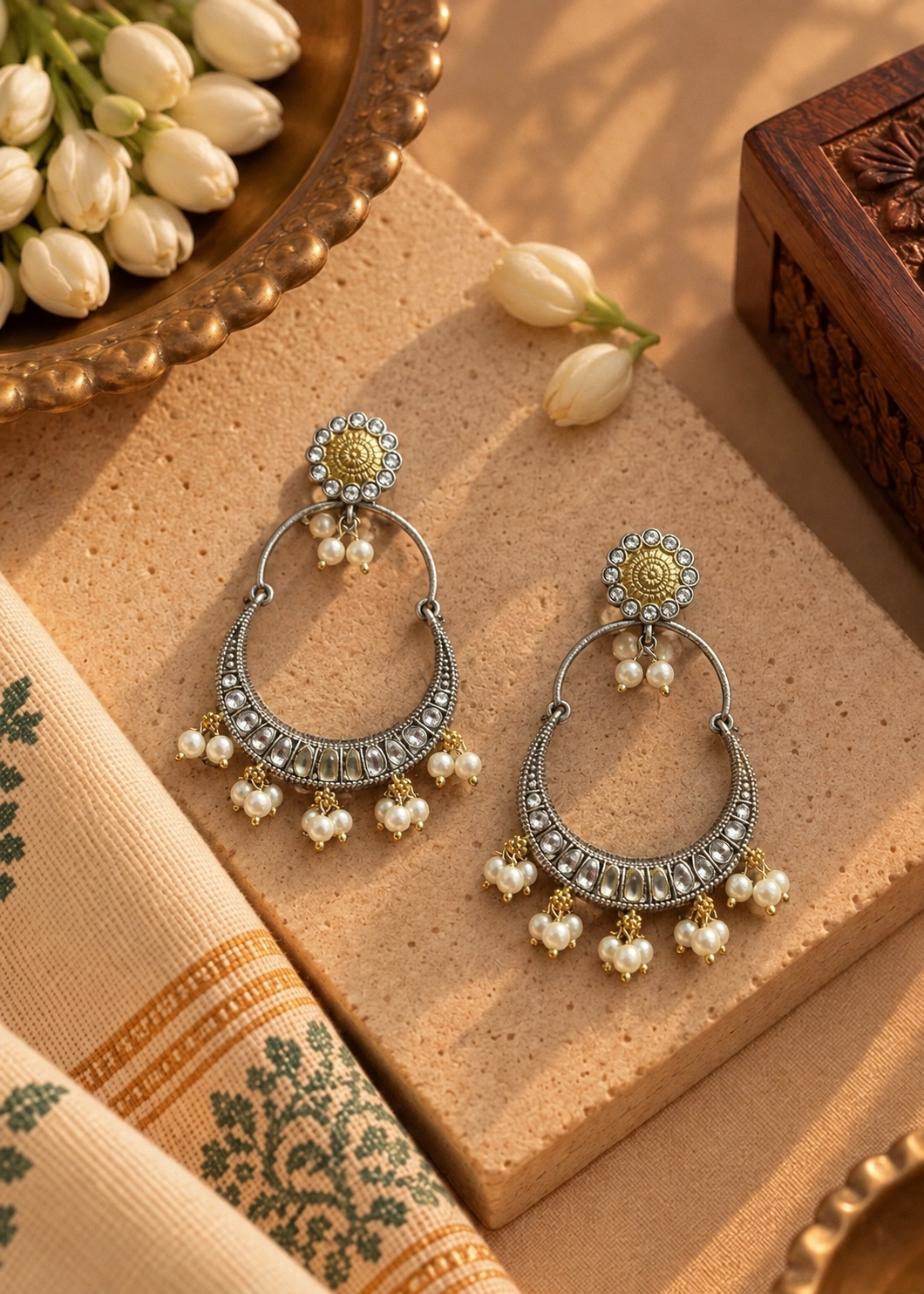 Dual Tone White Diamond Chandbali Earrings