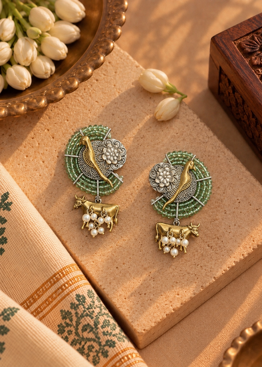 Dual Tone Green Beads with Bird and Nandi Earrings