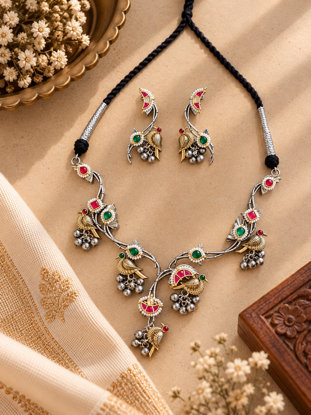 German Silver Dual Tone Fusion “पंछी” Green & Pink Pachi Kundan Necklace
