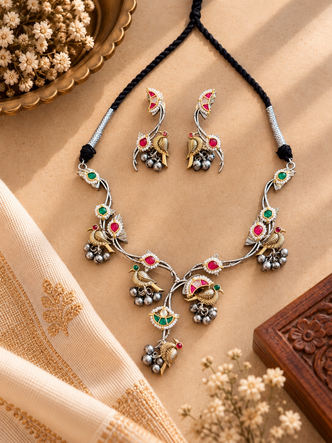 German Silver Dual Tone Fusion “पंछी” Pink & Green Pachi Kundan Necklace