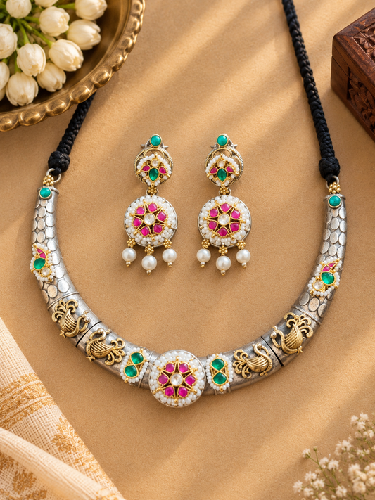 Dual Tone “राजवाड़ा “ German Silver Pink Pachi Kundan Peacock Hasli Necklace