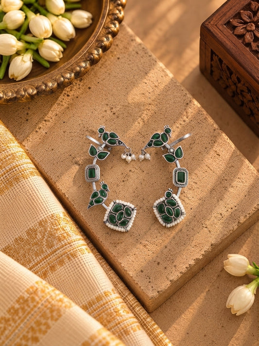 Green German Silver Bird Earcuffs