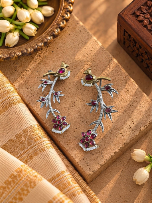 Dual Tone Fusion Ruby Pink German Silver Bird Earcuffs