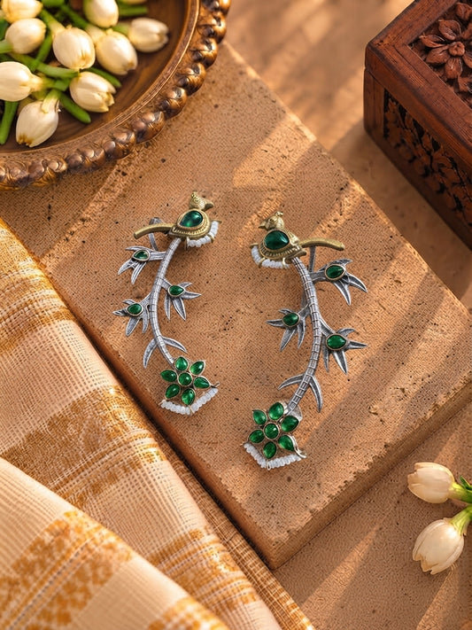 Dual Tone Fusion Green German Silver Bird Earcuff
