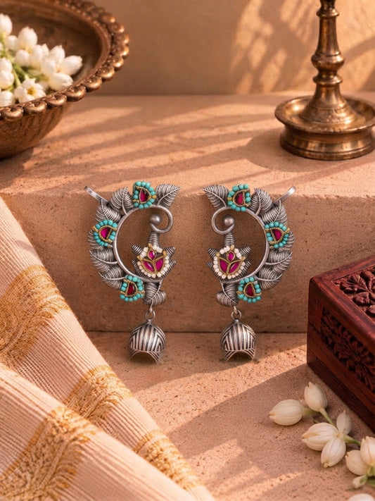 Traditional German Silver Pachi Kundan Peacock Earcuffs