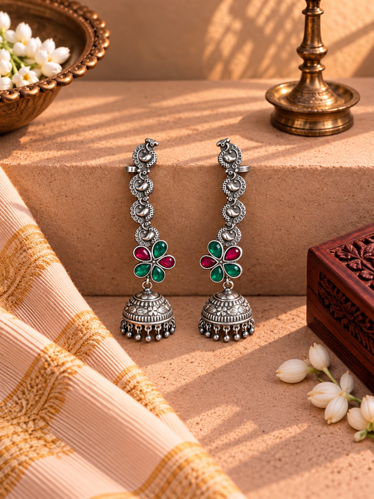German Silver Pink & Green Flower Earcuffs