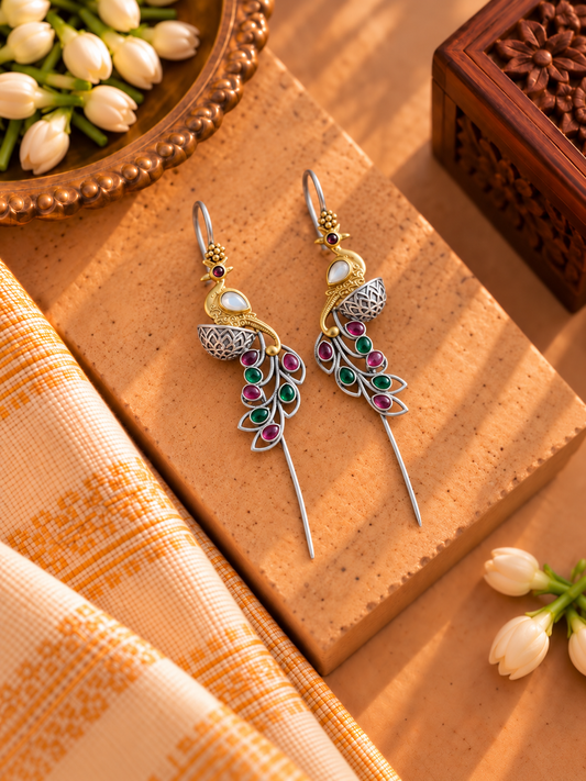 Dual Tone Pink & Green Mayur Needle Earcuffs