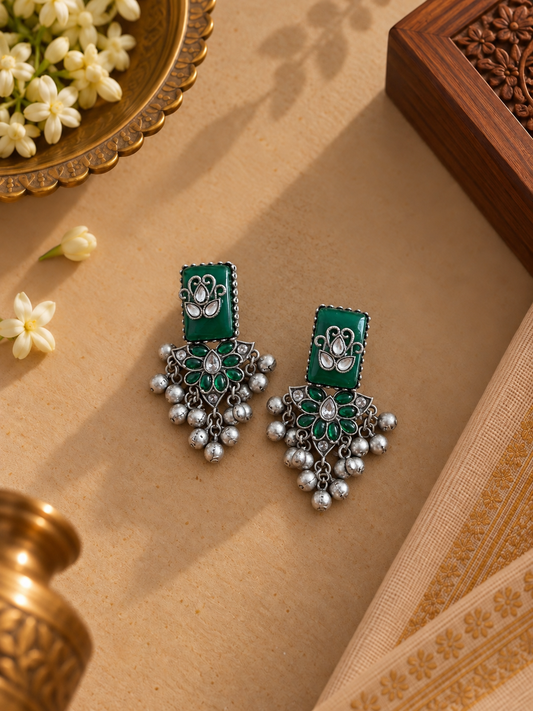 Traditional Green Oxidized Silver Earrings